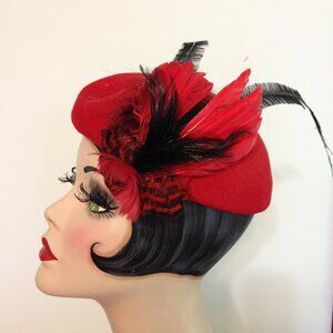 Woman's Vintage Red Cap Style Feathered Hat